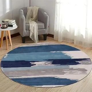 Hearda Teppich Rund, Reppich Schlafzimmer,Geometrischer Druck Innenbereich Runder Teppich, Waschbarer rutschfest Teppich,Polyester Flur Teppich,fürs Wohnzimmer,Kinderzimmer (100cm,Blau)