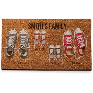 Wanapix | Fußmatte aus Kokosfasern Personalisiert mit Name | Original Türmatte für Innenbereiche | Unterseite | Familien Namen | 2 Schuhe + 2 Kind