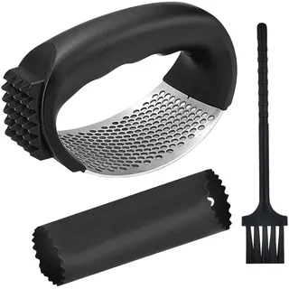 Knoblauchpresse Edelstahl,Garlic Press,Knoblauchwippe,Knoblauchpresse Wippe,Ergonomische,Komfortabler Griff,Leicht Zu Reinigen,Mit Silikon-Schäler & Reinigungsbürste,Küchenhilfe(Schwarz)