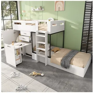 Flieks Etagenbett, Kinderbett 90x200cm mit ausziehbarem Tisch, Garderobe, großem Stauraum weiß
