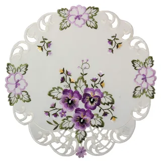 Quinnyshop Lila Stiefmütterchen Stickerei Tischdeckchen 40 cm Rund Polyester, Weiß