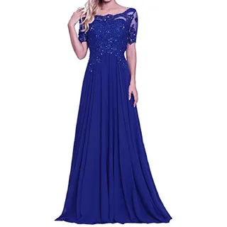 yhfshop Abendkleider Elegant,Schulter-Kurzarm-Partykleid mit Spitzenapplikationen-Königsblau_46 (US16W),Ballkleid Brautjungfernkleider Festkleid