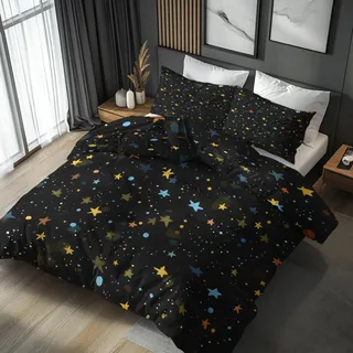 Generisch 135x200 Bettwäsche Sterne Bettbezug - 2tlg, 1 Kissenbezug 80x80, Bunt Stern Muster, Schlafzimmer Deko, Weiche Mikrofaser Wendebettwäsche mit Reißverschluss - WA779