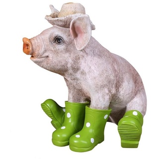 colourliving Tierfigur Deko Schwein Erich mit Hut und Stiefel in grün Schweine Figuren Garten, handbemalt, wetterfest, lebensecht wirkend beige|bunt|grün|rosa|schwarz|weiß