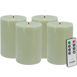 Candela LED Kerzen 4er Set H:15xØ10cm grün rustic Echtwachs mit Fernbedienung Timer Funktion & mehrstufig dimmbar flammenlos Echtwachskerzen Stumpenkerze