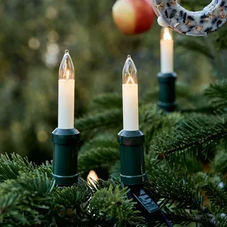 hellum Lichterkette Weihnachtsbaum, Made in Germany, Schaftkerzenkette mit Clip, 20 Lichter, beleuchtete Länge 19 m, Kabel schwarz, warmweiß, für Außen, teilbarer Stecker, kein LED <59lm 845501