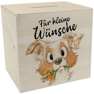 Hund Spardose aus Holz mit Spruch Für kleine Wünsche Geburtstagsgeschenk für Hundemensch Niedlicher Welpe Blumen Design Aussies Freund