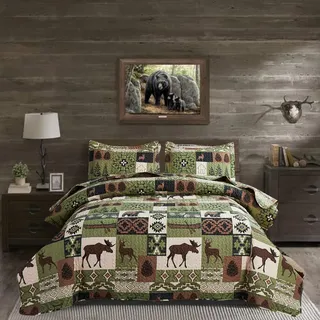 ARL HOME Rustikales Bettwäsche-Set für Queen/volle Größe, Hütte, Tagesdecke, Elchbär, Steppdecke, Landhaus, Patchwork, Wald, Tier, wendbar, Tagesdecke, rustikal, leicht, Olivgrün