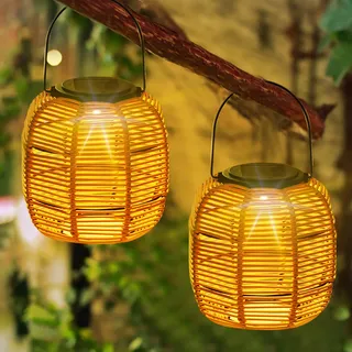Solarlatern Für Außen Hängend Solar Rattan Laternen Solarlampen Für Außen Garten, IP65 Wasserdicht Solarleuchten Gartendeko Solar Garten Leuchten Für Draußen, Balkon, Outdoor, Terrassen (2 Stück)