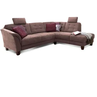 CAVADORE Ecksofa Trond mit Ottomane rechts/Federkern-Sofa im Landhausstil mit 2 Kopfstützen und Vorziehsitz mit Bettkasten / 260 x 89 x 214 / Webstoff braun