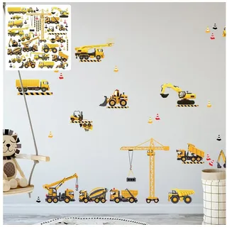 Sunnywall Wandtattoo Baufahrzeuge Wandtattoo XXL Set Kinderzimmer Aufkleber bunt Wanddeko, selbstklebend bunt|gelb