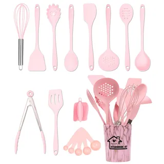 18 Stück Küchenhelfer Set, Rosa Silikon Küchenutensilien Set | Hitzebeständiger Kochgeschirr mit Utensilienhalter, Küchenset, Gesund & Antihaft, Spülmaschinengeeignet