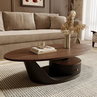 Qiydia Mid-Century Modern Couchtisch für Wohnzimmer, Ovaler Mitteltisch mit Massivholzplatte, Sofa Beistelltisch mit Schublade, Akzent-cocktailtisch für Home Office(120x60x40cm(47x24x16in), Black)