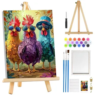 MOGTAA Huhn Malen Nach Zahlen Erwachsene mit Rahmen, Tier Malen Nach Zahlen Mit Holzstaffelei, DIY Ölgemälde Leinwand Set Acrylic Malerei Bilder für Home Dekor, 20x30cm