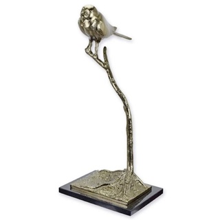 Casa Padrino Luxus Aluminium Deko Skulptur Vogel auf Ast Silber / Schwarz 25,8 x 25,5 x H. 54,8 cm - Aluminium Deko Figur mit Marmorsockel - Wohnzimmer Deko - Schreibtisch Deko