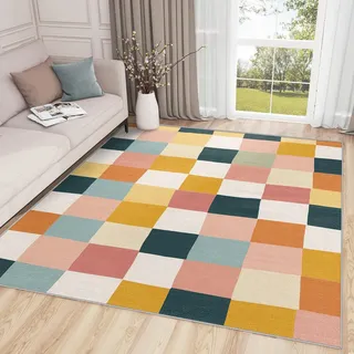 AUWUUA Karierter Teppich, 200 x 300 cm, für Schlafzimmer, bunt, geometrisch, Patchwork, Pastellfarben, Mehrfarbig, kariert, schlicht, modern, für Schlafzimmer, Esszimmer, Büro