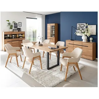 Lomadox Esszimmer-Set AVESTA-06, (Spar-Set, 4-St., Highboard Sideboard Vitrine), in Eiche teilmassiv, grifflos, LED-Beleuchtung, Esstisch 180x100 cm braun