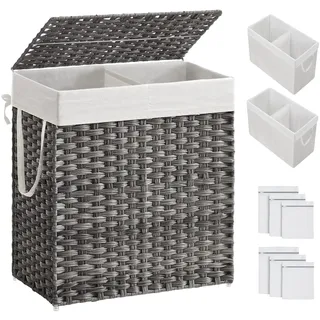 SONGMICS Wäschekorb mit Deckel, 110 Liter, 2 Fächer, handgeflochten | Wäschesammler, 33 x 57 x 60 cm, herausnehmbarer Wäschesack mit Griffen, grau, ELIOTT Kollektion LCB252G01