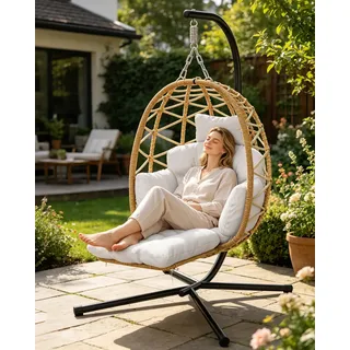 Hängesessel mit Gestell Outdoor, Hängekorb Sessel mit Fußablage und Dicke Kissen, Rattan Hängesessel mit Metallgestell, Hängestuhl für Indoor, Garten, Balkon, Terrasse, Bis 150kg
