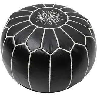 ESSENCE OF MOROCCO Marokkanischer Pouf, Fußstütze, Fußhocker, Ottomane, echtes Leder, Schwarz und Weiß, handgefertigt, handgenäht, mit gesticktem Marrakesch-Design (nur Bezug)