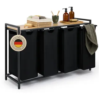 Blumtal Wäschesammler 4 Fächer Schwarz - Wäschekorb mit Ablage in Bambus-Optik - Wäscheschrank mit Metall-Rahmen in Schwarz - Wäschekorb mit Beinen - Wäschesortierer 4 Fächer - Wäschetrenner Wäsche