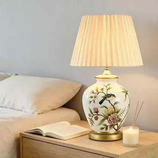 Gold Tischlampe E27, Keramik Weiß Vintage lampenschirm Nachttischlampe, Schreibtischlampe Moderne deko wohnzimmer Schlafzimmer Leselampe Nachtlicht,31 X 51 cm Amerikanischen Stil Tischleuchte (Weiß)