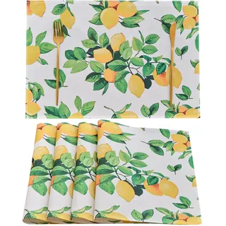 4er Set Tischsets Abwaschbar 45x32cm Wasserfest Polyester Gelb Zitrone Grüne Blätter Platzset Zitronen Frühling Sommer Platzdeckchen für Drinnen Draußen Garten Küche Party Esszimmer Bauernhaus