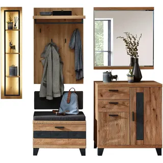 Linea Natura Garderobe, Grau, Eiche, Holz, Textil, Holzwerkstoff, 7-teilig, Wildeiche, massiv, 215x199x38 cm, Holzmöbel, Garderoben Holz, Garderoben-Sets Holz