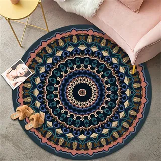 Highdi Teppich Rund Modern rutschfest Waschbar Schlafzimmer Teppiche, Elegantes Mandala Innenbereich Runder Teppich fürs Wohnzimmer, Flur, Kinderzimmer, Büro (100cm,Böhmen)