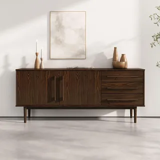 IDIMEX Sideboard TECCA mit 2 Türen und 3 Schubladen, Nussbaum Farben – Kommode aus Massivholz, Verstellbarer Einlegeboden, Wohnzimmermöbel im Mid-Century Style
