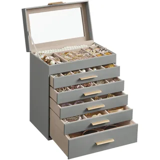 Songmics JBC171G01 Schmuckkästchen mit Glasdeckel, 6 Ebenen, 5 Schubladen, für Sonnenbrillen, großen Schmuck, Schmuckaufbewahrung, moderner Stil, Taubengrau und Gold