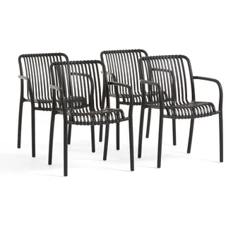 RATTATAN Set aus 4 Stühlen mit Armlehnen aus harzverstärktem Glasfaserharz,modernes Design,stapelbar für Garten,Bar,Restaurant,Küche–Simona–Schwarz