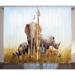 ABAKUHAUS Giraffe Rustikaler Gardine, Elefant Löwe-Tiger Zebra, Schlafzimmer Kräuselband Vorhang mit Schlaufen und Haken, 280 x 225 cm, Mehrfarbig