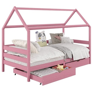 Idimex Hausbett CLIA Montessori aus massiver Kiefer, Kinderbett mit Dach, Tipi Bett mit 2 Schubladen in rosa