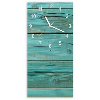 Primedeco Wanduhr Glasuhr Wandkunst Größe 30 x 60 cm mit Motiv Holzplanken Türkis