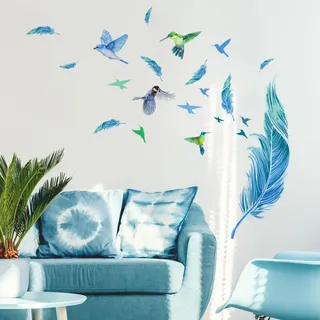 Wandtattoos Mit Blauen Federn, Kolibri-wandaufkleber Für Wohnzimmer, Schlafzimmer Und Esszimmer