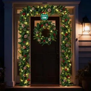 Soontrans Tannengirlande 5m mit 100 Warmweiße LED, Weihnachtsgirlande Strombetrieb aus PVC mit Speicherfunktion 8 Leuchtmodi Tannenzapfen Beeren, LED Girlande für Ihnen Außen