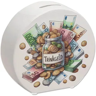 Trinkgeld Spardose umgeben von Geldscheinen und Münzen - Lustige Spardose für Trinkgeld Tip Bargeld und Jede Währung