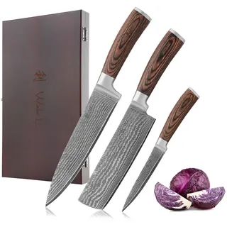 Wakoli Damastmesser, Braun, Holz, Metall, Nachbildung, Kochen, Küchenmesser, Messersets