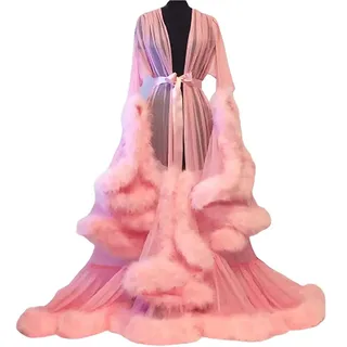 Generisch Damen Sexy Dessous Nachtwäsche Durchsichtige Feder Brautkleid Frauen Robe Extra Langes Nachthemd Morgenmantel Nachtwäsche Sexy Dessous,F,One Size