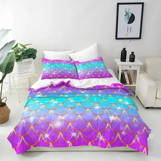 ANHOPE Rot Gold Meerjungfrau Skala Bettwäsche Set Microfaser Bettbezüge mit Reißverschluss 2 Teilig Bettbezug 135x200 cm + Kissenbezug 80x80 cm Weich Bettdeckenbezug Set für Kinder Mädchen