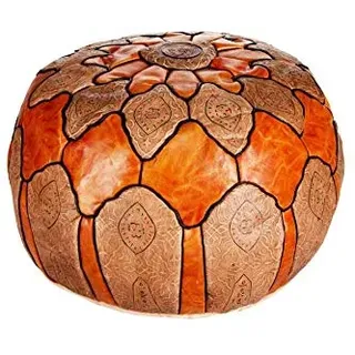 Orientalischer runder Pouf aus Leder ø 60cm Rund 35cm Hoch inklusive Füllung | Marokkanisches Sitzkissen Sitzpouf Kissen Hakam Orange | Marokkanischer Hocker Sitzhocker Fusshocker