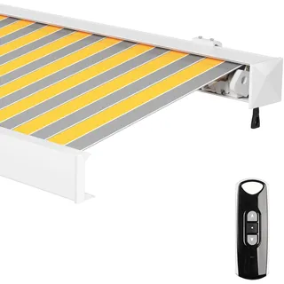 paramondo Markise Kassettenmarkise Line Gelenkarmmarkise Balkon Terrasse Sichtschutz, mit jarolift Funkmotor, Vollständig zusammengebaut, 3,5 x 3 m, Gestell: Weiß, Stoff: Block, Gelb-Grau