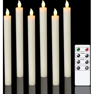 Eldnacele LED Stabkerzen mit Timerfunktion, Stabkerzen mit Fernbedienung, flackernde Flamme elektrische Kerzen Set 6er Ø 2 x 25 cm Elfenbein Tischdeko für Party Weihnachten