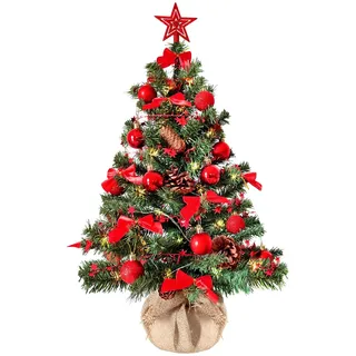 Weihnachtsbaum künstlich (WBD) 75 cm grün mit Weihnachtsdeko rot und Led Lichterkette mit Batteriebox und Fernbedienung künstlicher Christbaum klein Tannenbaum