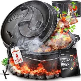 grillas® Dutch Oven Set 9 Liter / Topf mit Füße Deckelheber BBQ Gusseisen Feuertopf Gusstopf Schmortopf