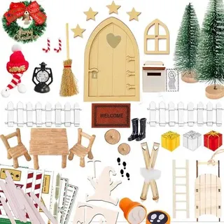 YUNSTK Wichteltür Zubehör Weihnachten Set, Wichtel Tür Nissedor mit Holzleiter Schlitten Wichtelschablone Wichteltür Baustelle Weihnachtsbaum Kran