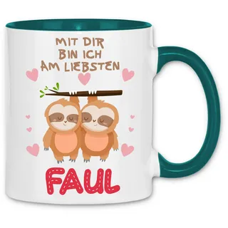 wowshirt Tasse Geschenk-Idee für Sie/Ihn Jahrestag Valentinstag Faultier Mit Dir Bin Ich Faul, Farbe:White - Petrol