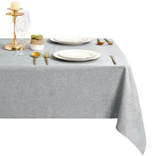DWCN Hellgrau Tischdecke 135x180cm Leinenoptik Stoff Abwaschbar Outdoor | Wetterfest Tischwäsche Wasserabweisend Rechteckig Tischtuch Gartentischdecke für Esszimmer Garten Party Hochzeiten Haushalt