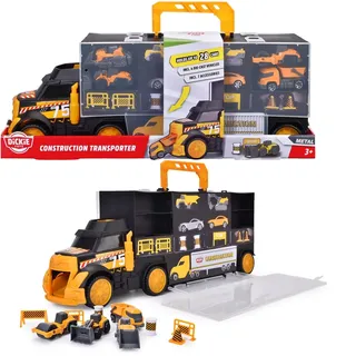 Dickie Toys – Construction Transporter 43 cm, Spielzeug Autotransporter für Kinder ab 3 Jahren, Transport Truck mit Rampe durch Führerhaus, Platz für 28 Fahrzeuge, inkl. 4 Baufahrzeuge und Zubehör